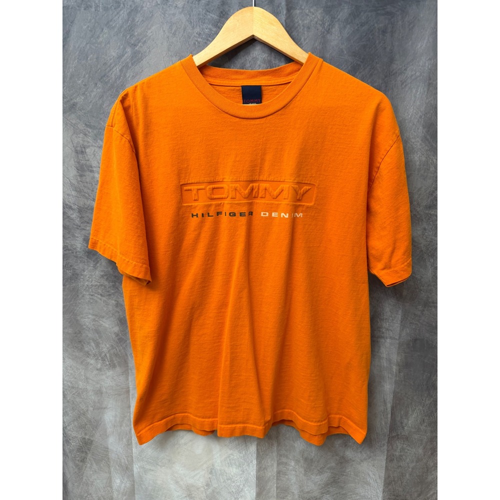 Tommy Jeans Hilfiger Denim Orange Embossed Logo T-Shirt Mens Large 90s Style